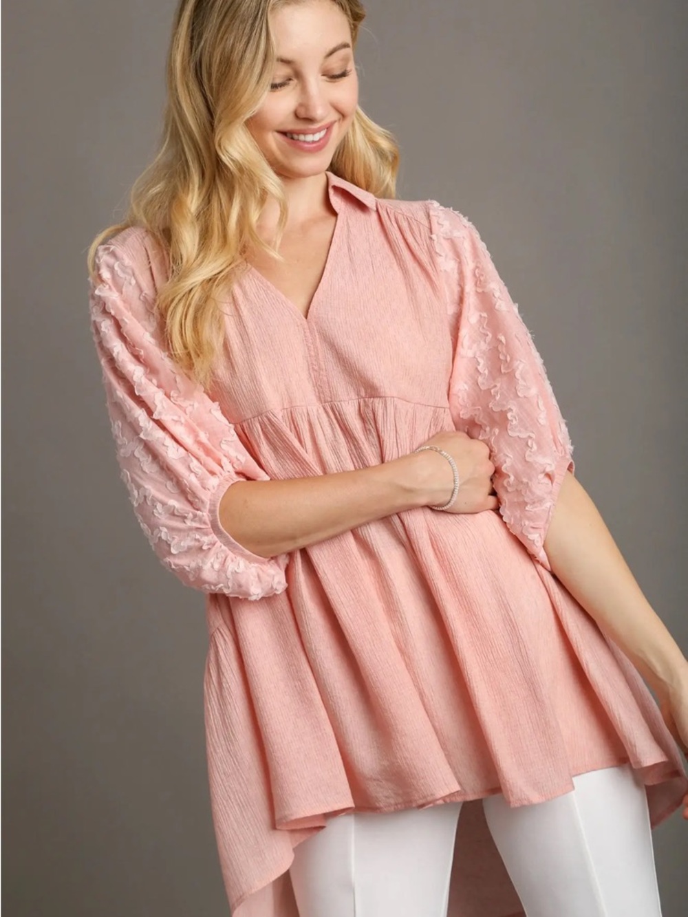 Umgee Blush Pink V-Neck Textured Babydoll Tunic Size Medium NWTS